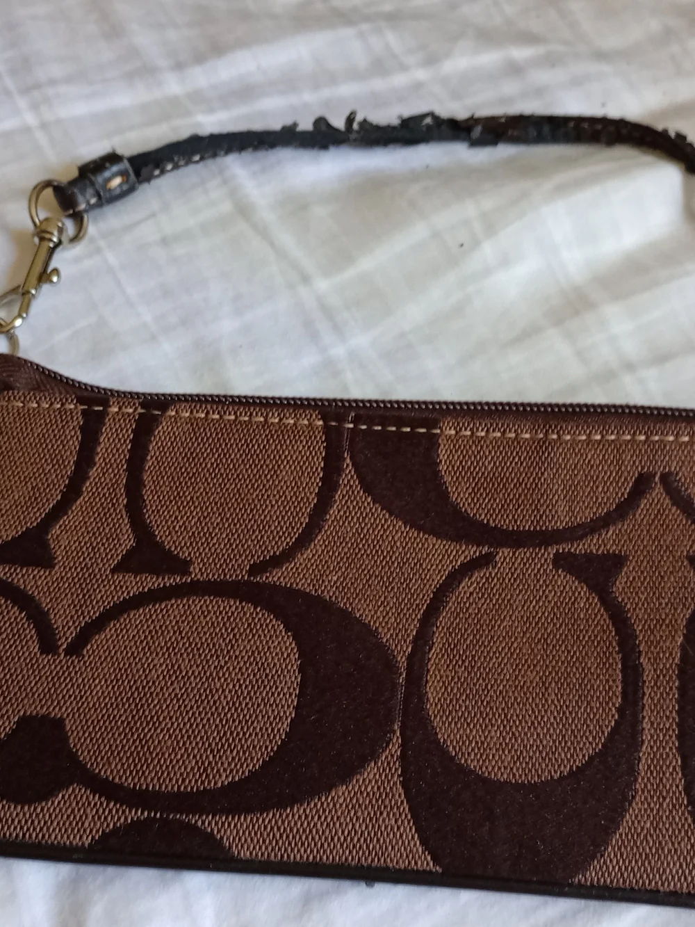 Coach Brown Signature Canvas Wristlet with Gold Accent
